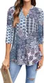 Close-up of stylish women's 3/4 sleeve V-neck blouse with bohemian floral print - Rainbow