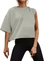 Detailansicht eines grauen, weiten Damen Yoga T-Shirts, ein stylisches Sportoberteil. - S / Oberteile / Hellgrau