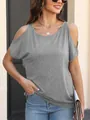 Casual grey cold shoulder t-shirt for women featuring loose batwing sleeves and round neck - S / Tops / Gray