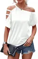 Detailed view of women's white asymmetric cold shoulder t-shirt with cutout strap design - White