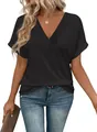 Casual loose fit black V-neck short sleeve T-shirt for women summer fashion wear - S / Tops / Black