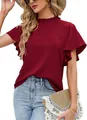 Detail view of elegant burgundy ruffled short sleeve blouse for women with mock neck - Burgundy