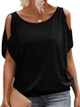 Detailed view of women's black cold shoulder t-shirt with loose batwing sleeves - Black