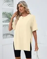 Women's oversized pale yellow short sleeve T-shirt with side slits and crew neck - Apricot