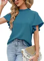 Elegant blue mock neck blouse with ruffled flutter sleeves for summer business casual wear - S / Tops / Teal