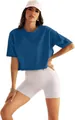 Detailansicht eines blauen, locker sitzenden bauchfreien Sport-T-Shirts für Yoga - S / Oberteile / Dunkelblau