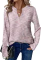 Detail van dames T-shirt met lange mouwen, V-hals en veelkleurige gespikkelde textuur - Lotusroze