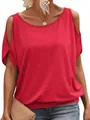 Close-up of red cold-shoulder batwing sleeve t-shirt for women in casual style - Red