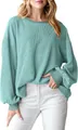 Detailopname van de mintgroene geribbelde textuur van dit losse casual sweatshirt met mouwen - Lichtgroen
