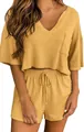 Dettaglio del set da casa 2 pezzi giallo da donna in maglia a nido d'ape con top scollo a V - Taglia S / Top E Pantaloni / Arancione