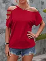 Casual red off-the-shoulder T-shirt with cutout sleeve detail for summer outfits. - S / Tops / Burgundy