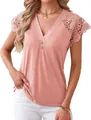 Close-up of pink V-neck top featuring intricate lace crochet detailing on the shoulders. - S / Tops / Pink