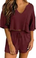 Set pigiama due pezzi in maglia a nido d'ape bordeaux con scollo a V e pantaloncini - Taglia S / Top E Pantaloni / Borgogna