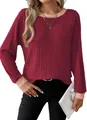 Dames top in bordeauxrood met raglanmouwen, ribtextuur en roze contrastafwerking - Baksteenrood