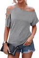 Women's casual grey off-the-shoulder loose fit cotton t-shirt for summer fashion style - Light Gray