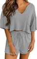 Set da casa due pezzi in maglia a nido d'ape con scollo a V e pantaloncini grigi - Grigio