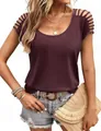 Detailed view of maroon knit top featuring stylish hollow-out shoulder strap design - Coffee
