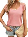 Detail showing hollowed-out shoulder design of pink summer knit top - S / Tops / Pink