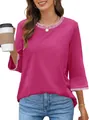 Detailed view of the magenta knit top featuring striped ribbed crewneck and 3/4 sleeves. - S / Tops / Rose Red