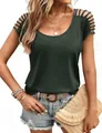 Detail view of a dark green short sleeve knit top featuring a hollow out shoulder design - S / Tops / Army Green