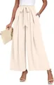 Elegantes pantalones beige de pierna ancha con cinturón de lazo de talle alto y pliegues - S / Bottoms / Marfil