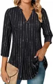 Fashionable women's 3/4 sleeve V-neck tunic blouse in black with white dotted stripes - Black