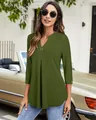 Casual women's olive green V-neck tunic with 3/4 sleeves and gold ring detail - Olive Green