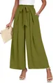 Pantalón elegante de talle alto y pernera ancha en verde oliva con cinturón de lazo - S / Bottoms / Verde Militar