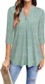 Elegant women's 3/4 sleeve V-neck animal print blouse in sage green and white tunic - Verdant
