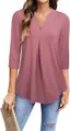 Fashionable casual women's V-neck 3/4 sleeve blouse with pleated front in dusty pink - Pink