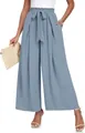 Pantalon large plissé à taille haute pour femme avec ceinture à nœud bleu clair. - S / Bas / Bleu clair