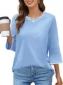 Casual light blue knit top featuring striped rib crew neck and three-quarter sleeves - Light Blue