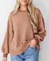 Casual terracotta wafelgebreide top met lange mouwen en een comfortabele losse pasvorm - Khaki