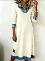 Elegant cream ribbed dress with denim patchwork details for women's casual style - S / Dresses / White