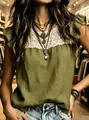 Close-up of women's olive green blouse with white lace trim and ruffled fly sleeves - S / Tops / Green