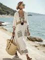 Detailed shot of an elegant white linen maxi dress with stylish striped patterns - S / Dresses / Black Stripe