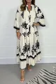 Robe longue élégante à imprimé floral avec col montant et manches évasées pour printemps - S / Robes / Blanc Cassé