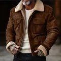 Stylish men's brown suede jacket with warm beige lamb wool lining and plush collar - S / Tops / Dark Brown
