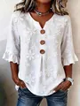 Elegant white V-neck embroidered blouse with floral pattern and wooden buttons detail - S / Tops / White