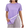 Detail view of the adjustable side zipper on a purple short-sleeved women's T-shirt - Purple