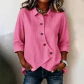 Women's pink irregular hem solid color shirt with 3/4 sleeves and lapel collar - S / Tops / Rose Red