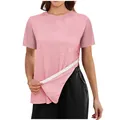 Close-up of pink casual T-shirt featuring a unique side-seam adjustable zipper detail - S / Tops / Pink