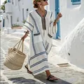 Elegant white oversized maxi dress featuring blue stripes and decorative V-neck trim - S / Dresses / Off-White with Blue Stripes