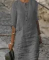 Casual grey cotton linen round neck tunic dress with functional front button placket - S / Gray
