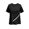 Detail view of the unique adjustable white button side seam on a black women's casual T-shirt - S / Tops / Black
