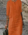 Vibrant orange cotton linen round neck long sleeve casual dress with front buttons - S / Orange Red