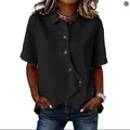 Casual women's black short sleeve shirt with a stylish irregular hemline design. - Black