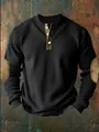 Stylish men's black waffle knit Henley sweatshirt featuring contrast elbow patches. - S / Tops / Black