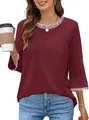 Elegant women's burgundy knit top with contrast striped ribbing on neckline and cuffs - Burgundy