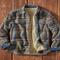 Close-up of retro men's plaid shirt jacket featuring a warm sherpa fleece lining. - S / Tops / Vintage Plaid